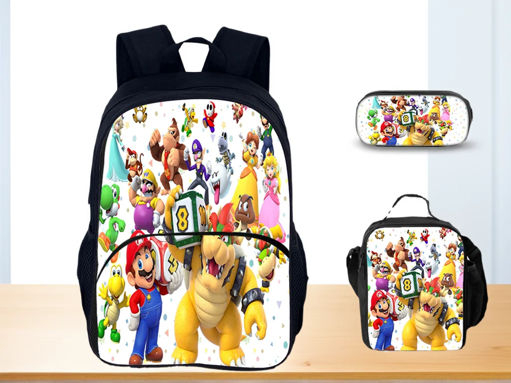 

Super Mario Boy Girl Daypack with Cartoon Waterproof Lunch Bag Pencil Box 3 in 1 Set-Multifunction Backpack for Little Kid