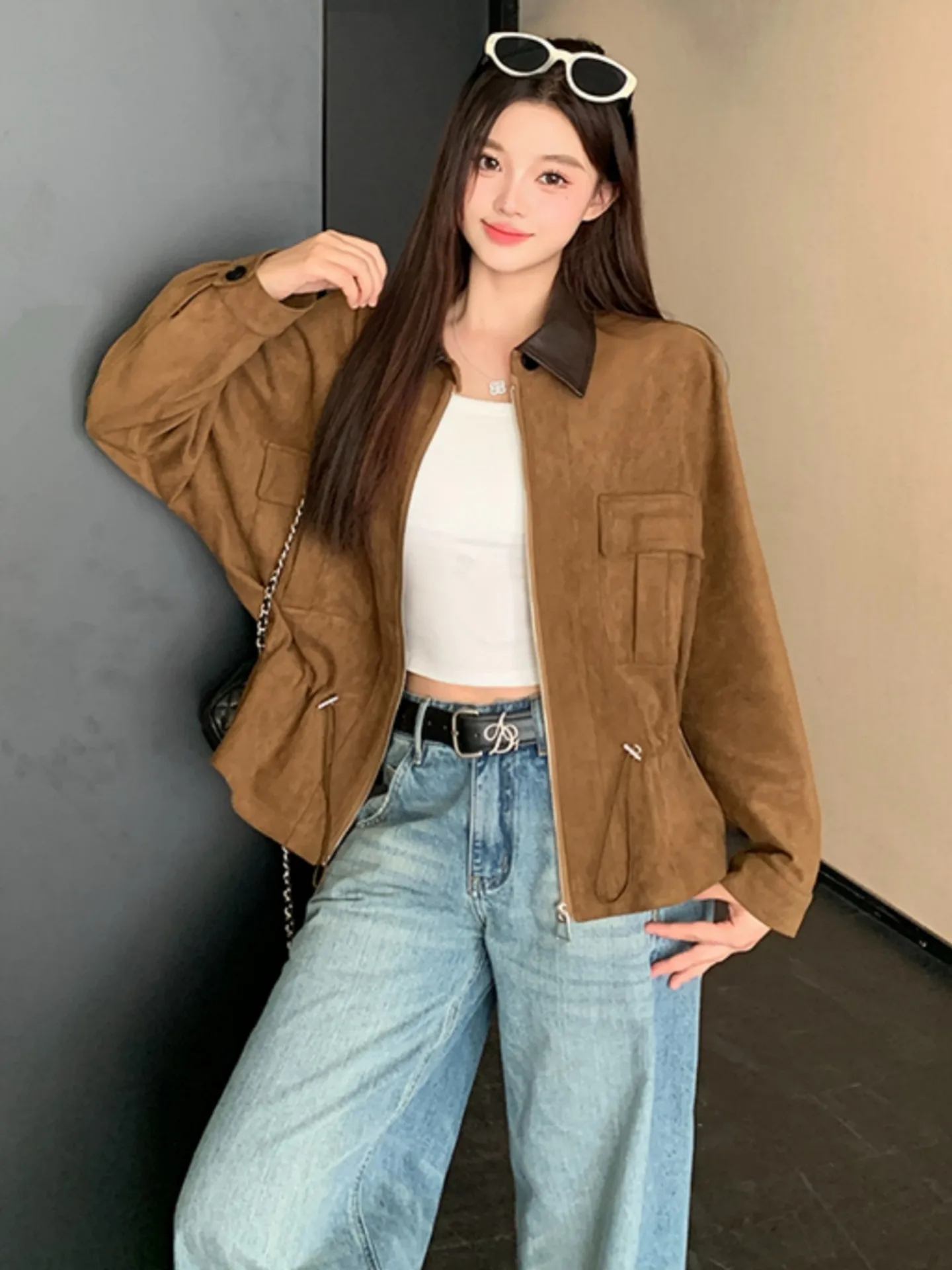 Cé Brown Biker Jaet Abbigliamento da lavoro da donna Cappotto in pelle Capispalla Cool Giacca a vento sexy Vestibilità ampia Pendolarismo Sle ort Lunghezza Zi...