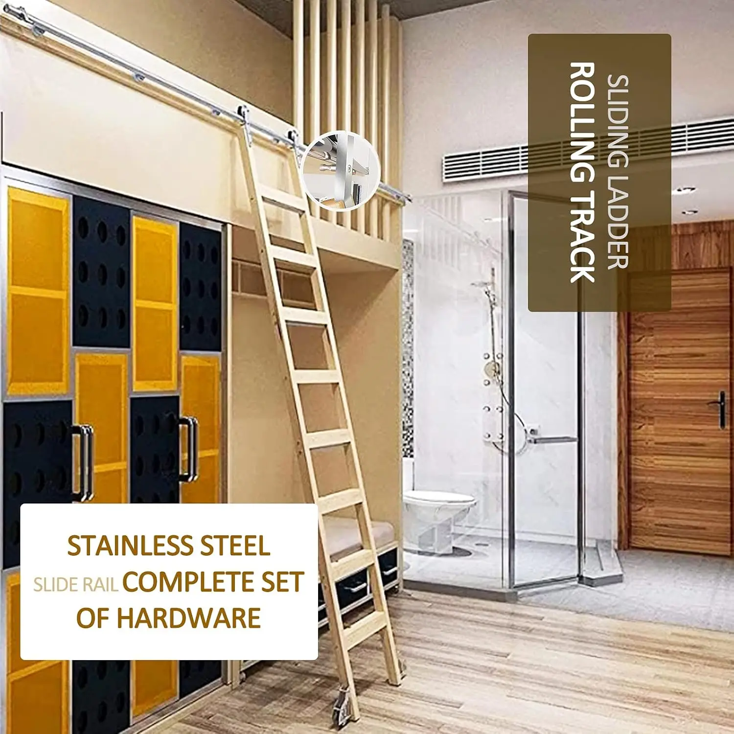 Stainless Steel Sliding Barn Door Track Kit Round Tube Stand Up Mobile Ladder Rail Full Set Hardware For