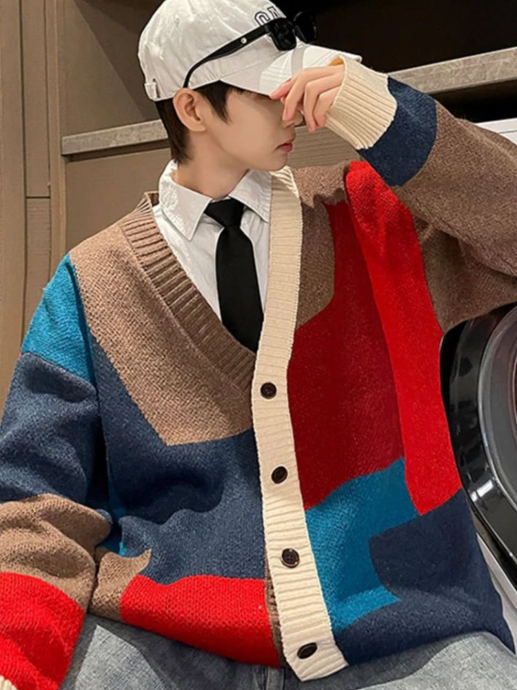 Cardigans Men High Street Youthful Vitality Spring Autumn Baseball Collar Geometric Asymmetric American Style Teenagers Handsome