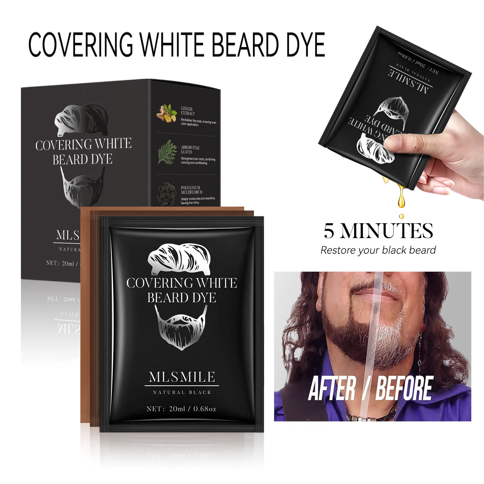 

Мгновенная черная пенная краска для бороды Beard Ink для мужчин, закрашивающая седину, натуральный временный фиксирующий цвет для волос