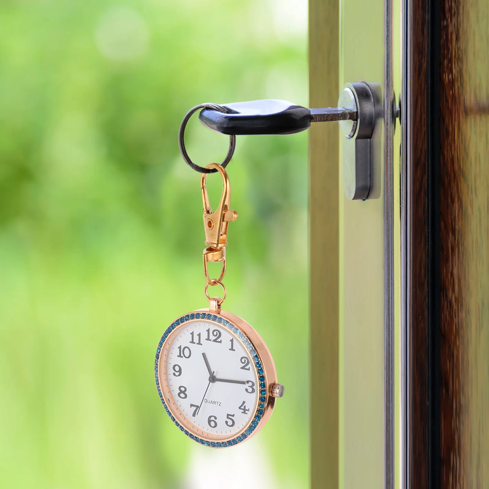 

2Pcs Big Rhinestone Embellished Pocket Watch For Kids Nurse Keychain Clip On Portable Zinc Alloy Key Rose Gold