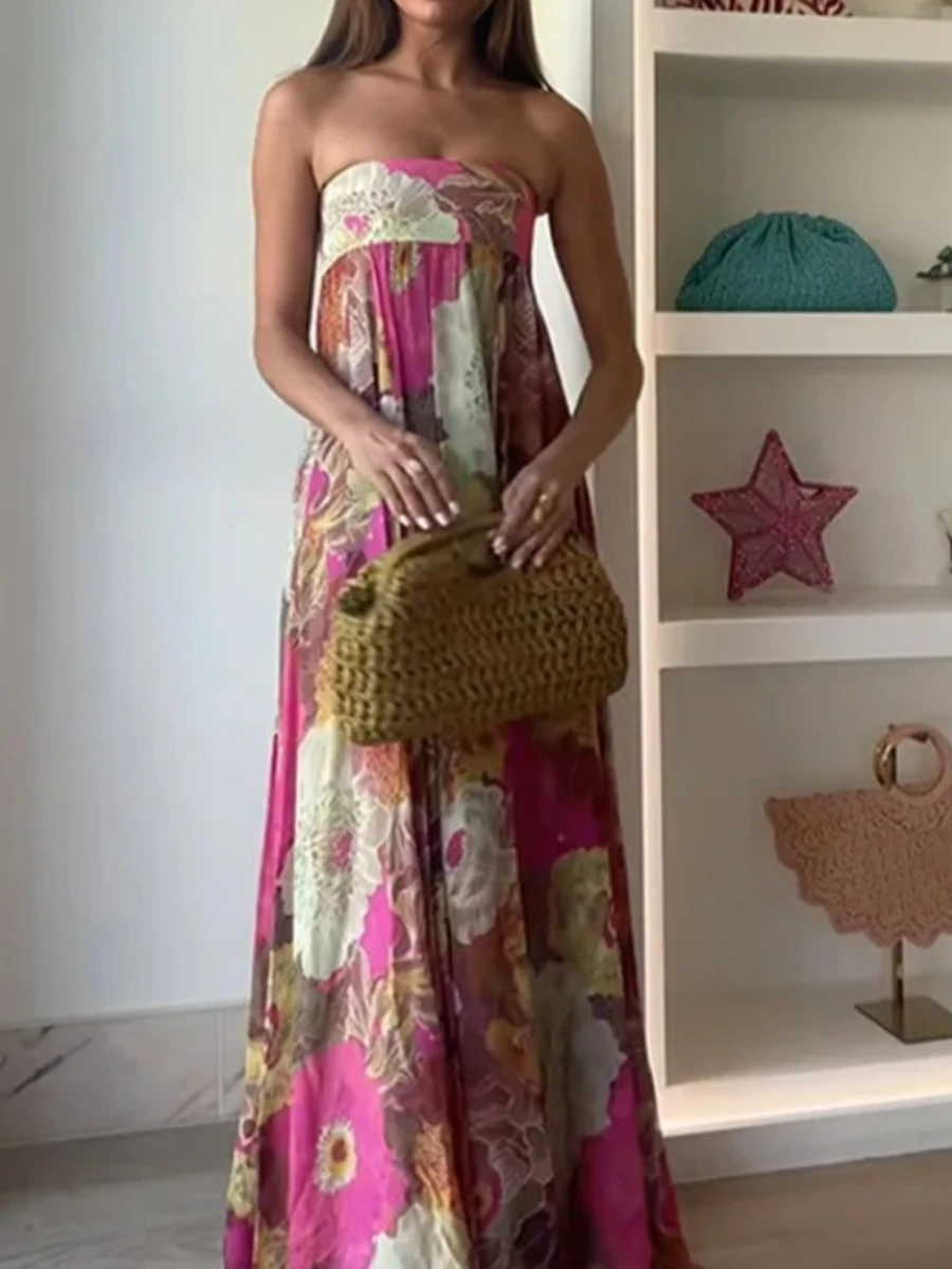 Dame strapless bloemenprint lange gewaden elegante mouwloze rugloze slanke maxi-jurken zomer dames vakantie strandfeest streetwear - afbeelding 2