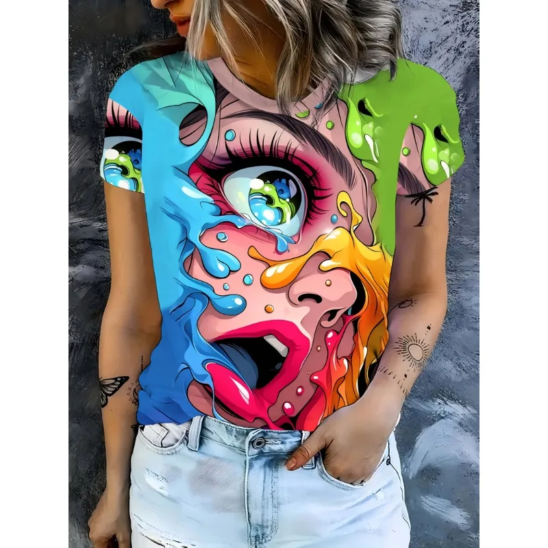 

3D printed short-sleeved T-shirt anime printed women's round neck T-shirt summer literary loose women's casual short-sleeved top