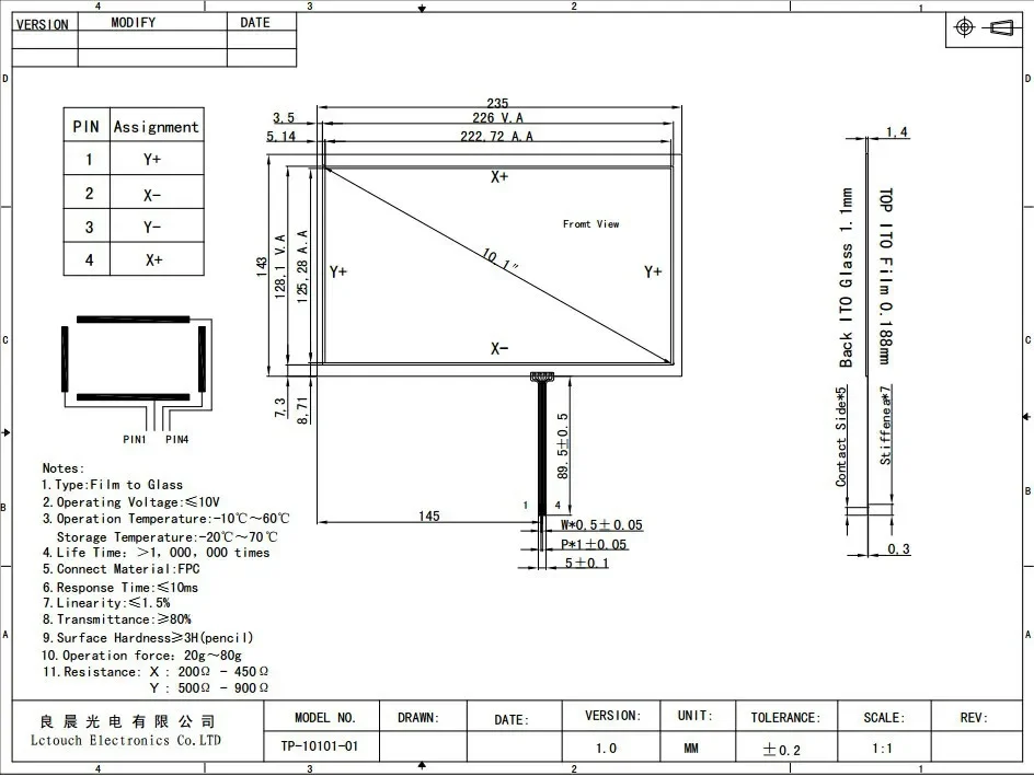 16:9 10.1 inch includes USB Controller 4 Wire USB Resistive Touch Screen