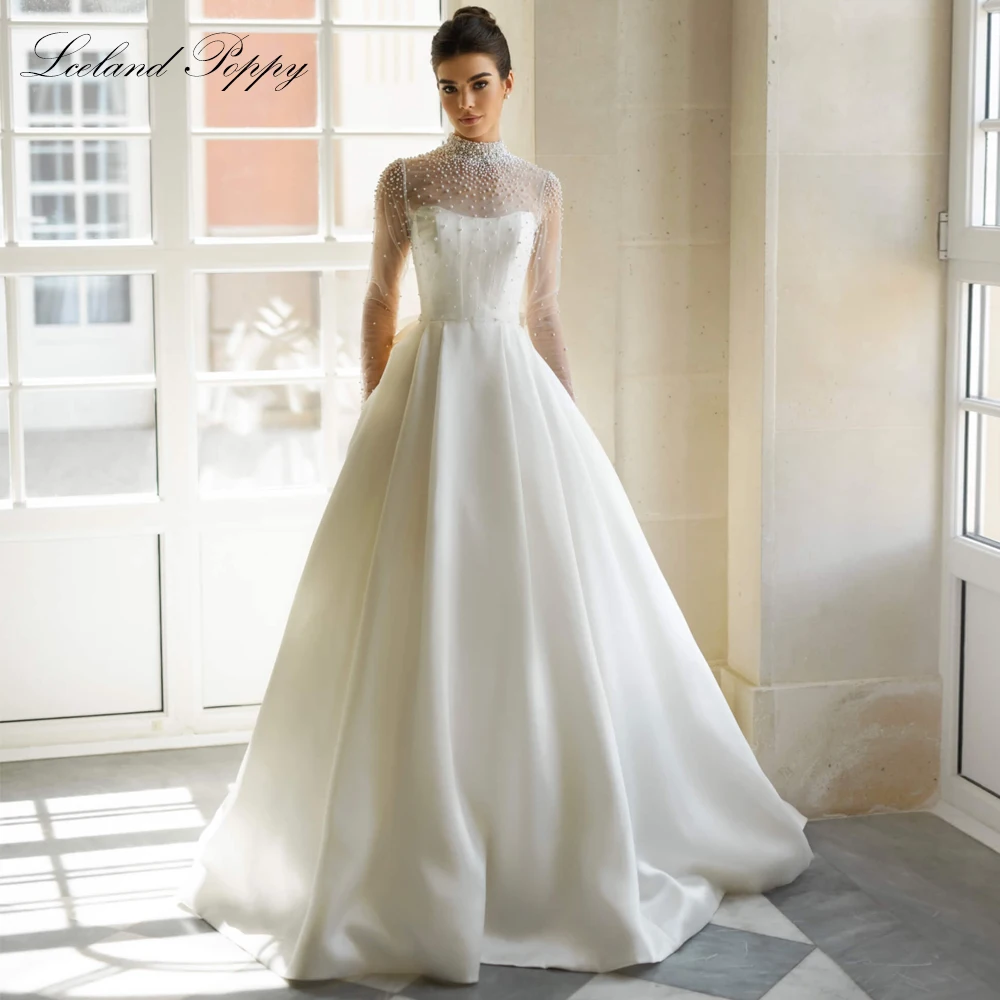 Lceland Poppy Customized A Line Strapless Satin Wedding Dresses Pearls Beaded Bridal Gowns with Removable Jacket