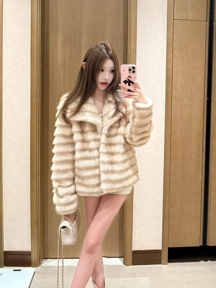 Umweltfreundlicher Plu-Pelzmantel für Damen, Faion, luxuriös, großer Kragen, Kaninchenfell-Oberbekleidung, Jugend-Winter, Thiened Long Sve-Mantel