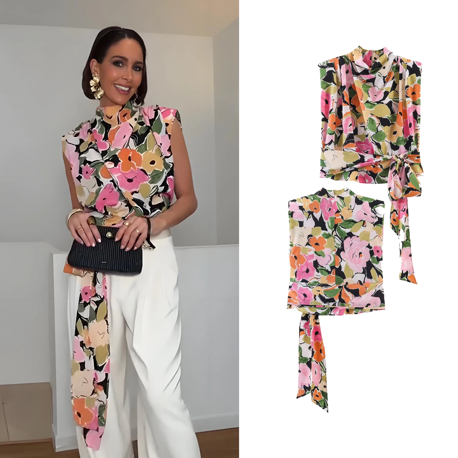 Blusa de Mujer con Estampado Floral y Hombros Acolchados, Blusa sin Mangas con Cuello Alto y Cordones en la Cintura, Blusa Moderna y Elegante para Mujer