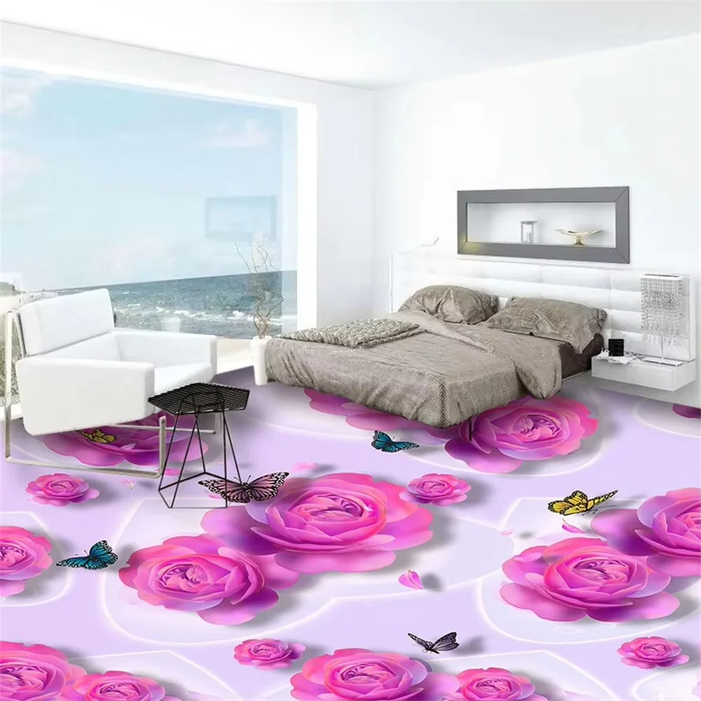 Pintura de suelo 3D personalizada, rosas rosas, mariposas, moda para dormitorio, suelo de PVC, gotas de agua, papeles tapiz de flores, suelo autoadhesivo