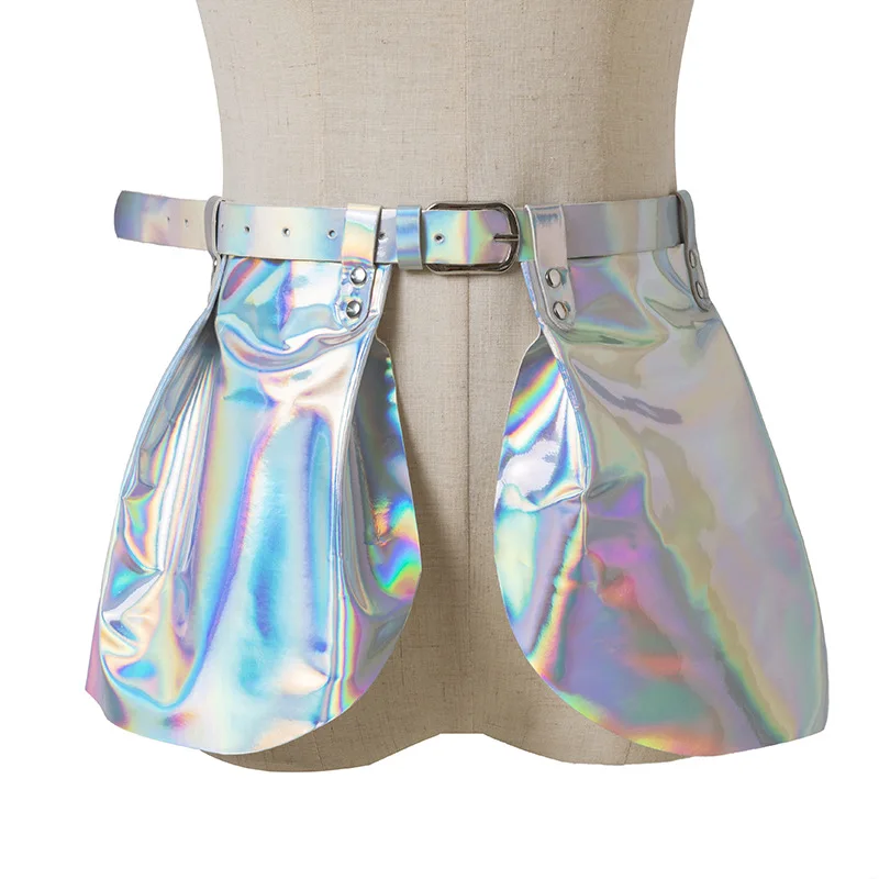 Silver Metallic Gothic Mini Skirt Sexy Women Dance Hologram Summer Punk Waist Belted Skirt High Waist Y2K Ball Gown Female Mujer