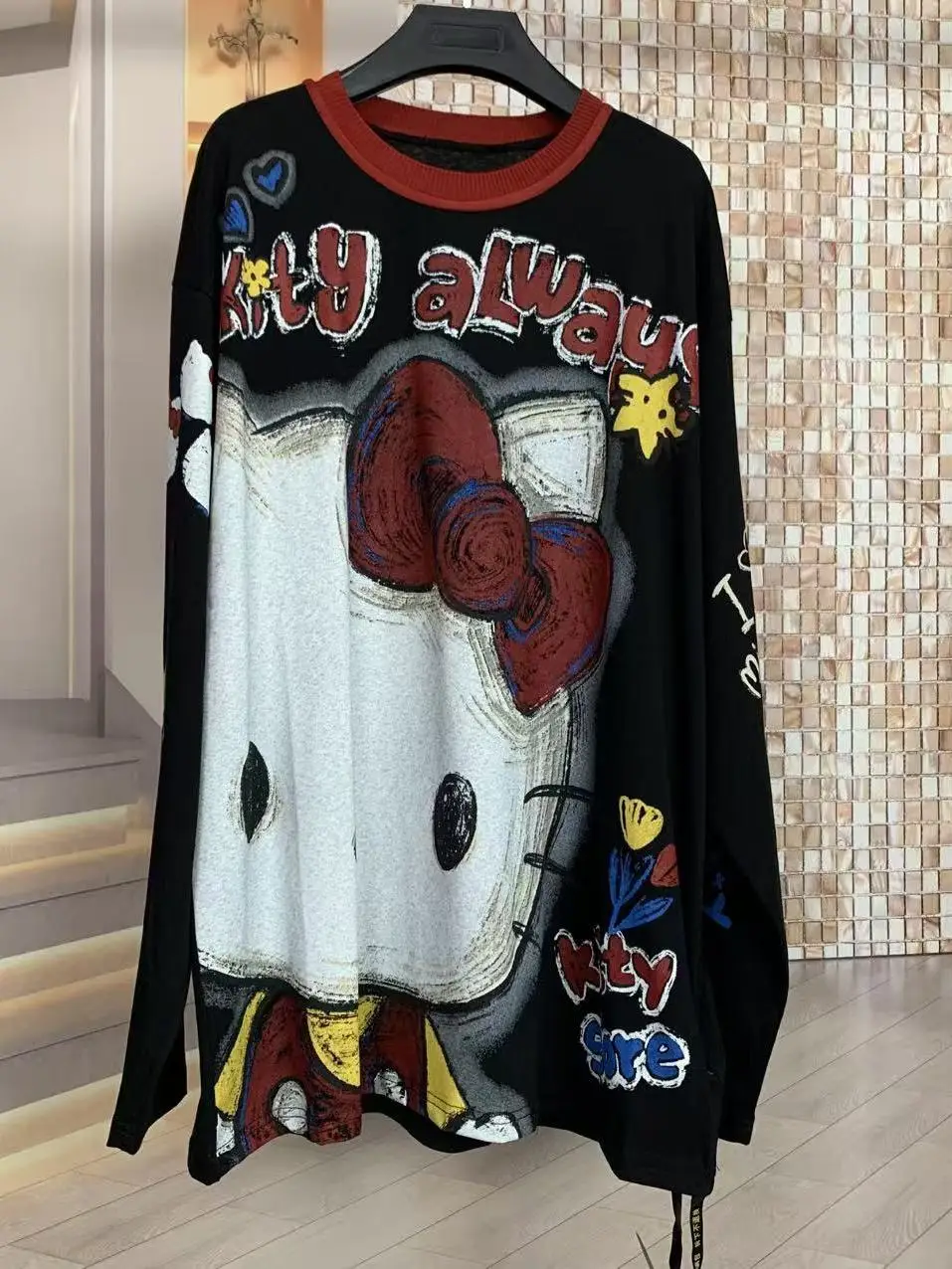 

Футболка MX Spring Summer Kitty с мультяшным принтом, свободного кроя, с длинным рукавом, модный повседневный топ для молодых женщин, хлопок, круглый вырез