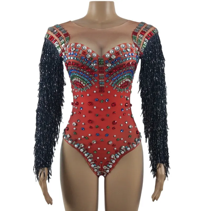 

Sparkly Rhinestones Tassel Sleeve Bodysuit Crystal Fringe Leotard Sexy Nightclub Women Singer Dancer Stage Performance Costume