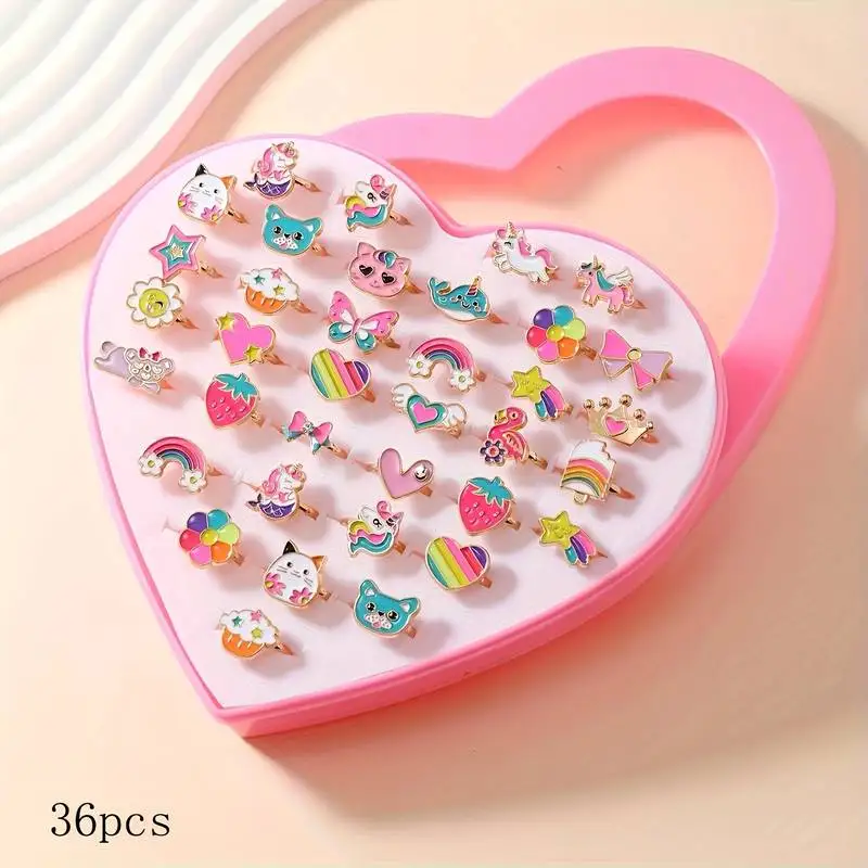 36-Piece Adjustable Ring Set Enamel Unicorn Cat Rainbow Strawberry Bow Flower Heart Open Rings with Heart-Shaped Gift Box Little Girl Princess Dress-Up Jewelry Birthday Party Gift Toy