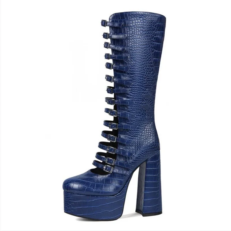 

Blue Snakeskin Pattern Leather Chunky Heels Boots Round Toe Belt Buckle Strap High Platform Women Knee High Boots Size 47