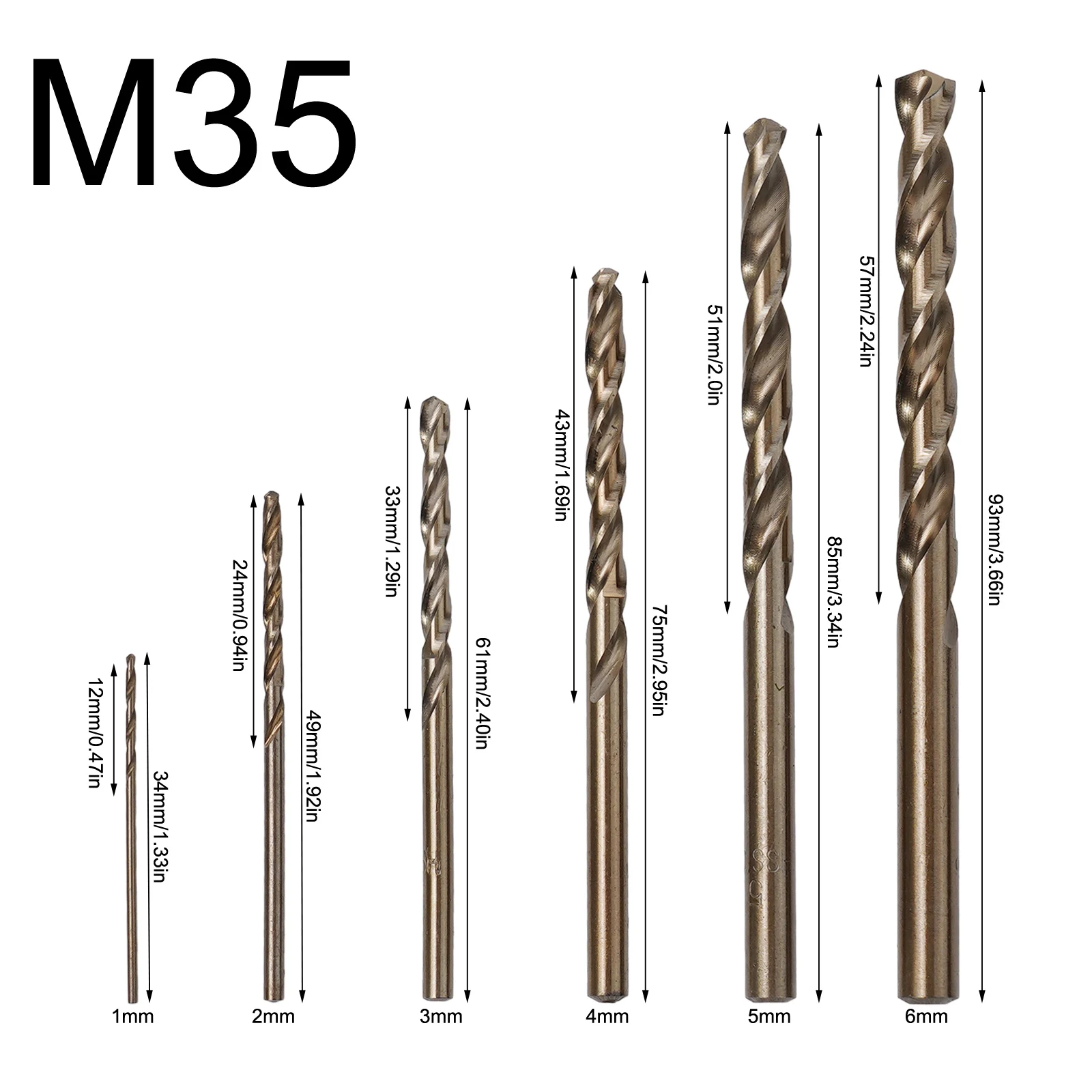 6pcs M35 Cobalt HSS Drill Bit Straight Shank Twist Drill Bit Hole Cutter 1/2/3/4/5/6mm For Metal Stainless Steel Drilling Metalw