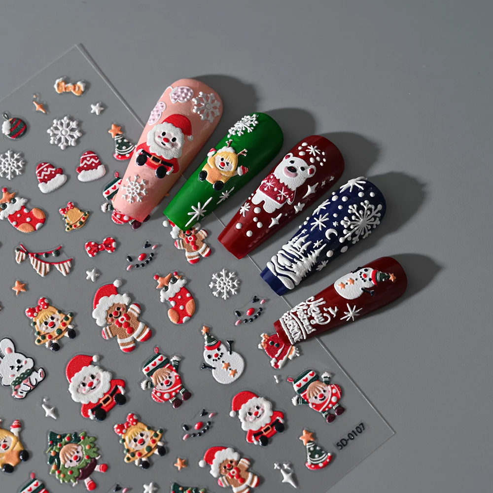 1 Arkusz 5D Wytłaczanych Świątecznych Naklejek na Paznokcie Święty Mikołaj Płatki Śniegu Wzór Naklejka na Paznokcie Jesień Zima Świąteczna Naklejka do Manicure