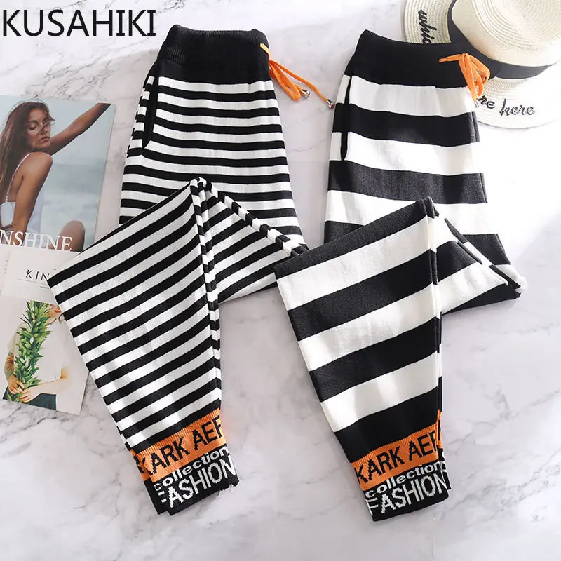 KUSAHIKI Hit Color Knitted Striped Letetrs Harem Pants Lace Up High Waist Women Trousers Causal 2023 Spring Autumn Sweater Pant