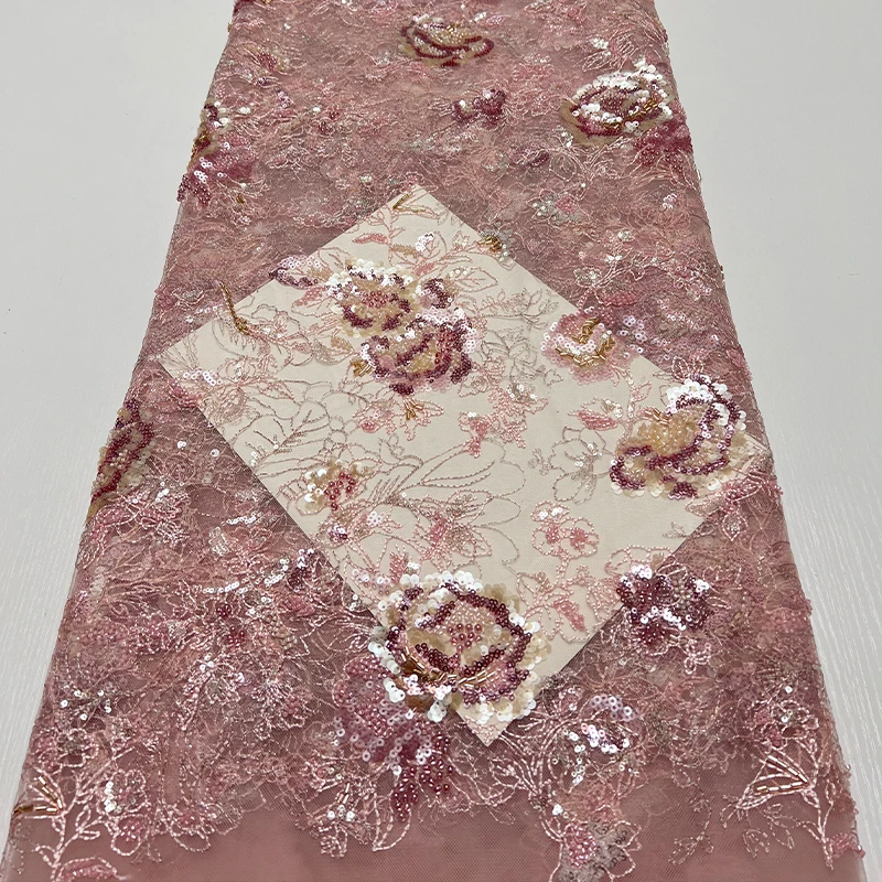 نسيج شبكي على الموضة الفرنسية، تطريز أنبوبي مطرز أفريقي، أظافر ثقيلة منقوشة، فستان قماش مطرز بالترتر والترتر