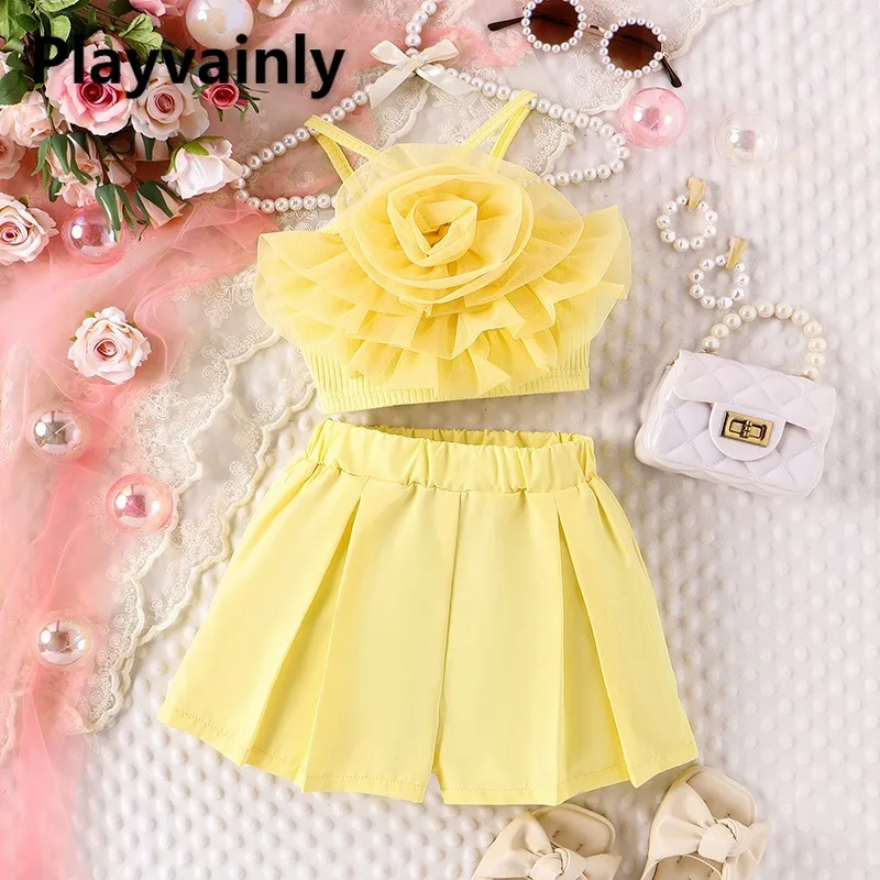 

Летняя одежда для дня рождения для девочек, топ без рукавов с 3D цветочным принтом + повседневные свободные шорты, модный детский комплект из 2 предметов для детей 4–7 лет, X8031