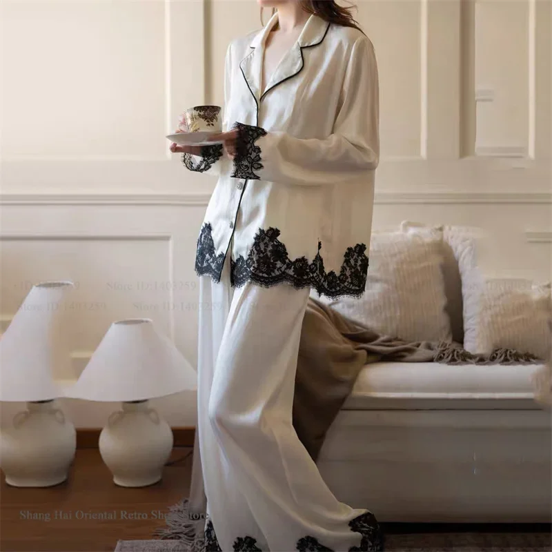 Elegant Black Lace Womens Sleepwear Pajamas Set White Jacquard Long Sleeve Trouser Suit Loungewear Loose Silky Satin Homewear