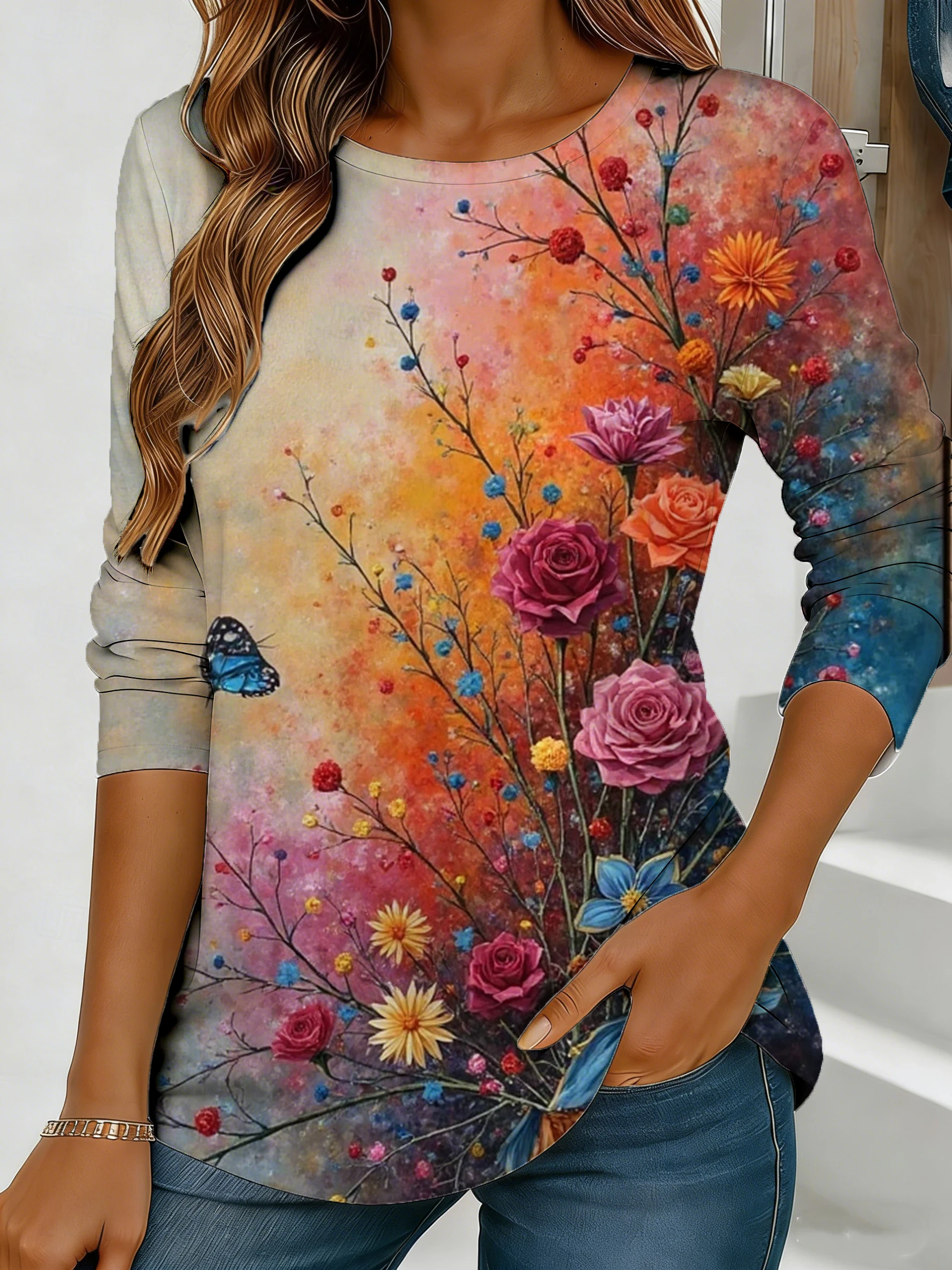 Women's colorful floral and butterfly print long-sleeved loose-fitting round neck top, casual everyday style with elegant design