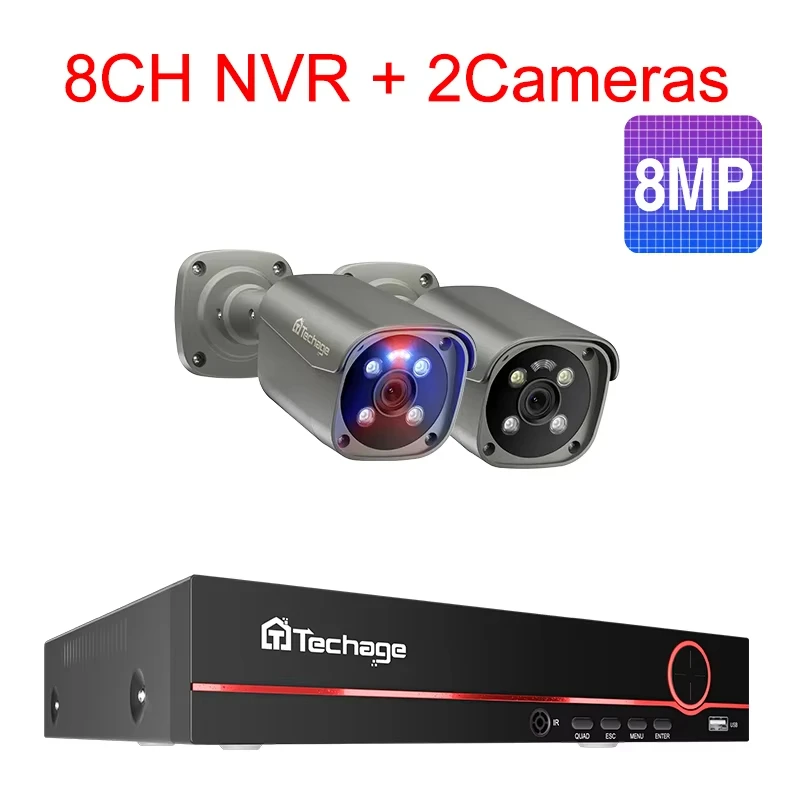 Techage 8CH 5MP 8MP POE Beveiligingsbewakingssysteem 4K HD POE IP Kit Tweeweg Audio Gezichtsdetectie Metal Bullet H.265 Outdoor Video