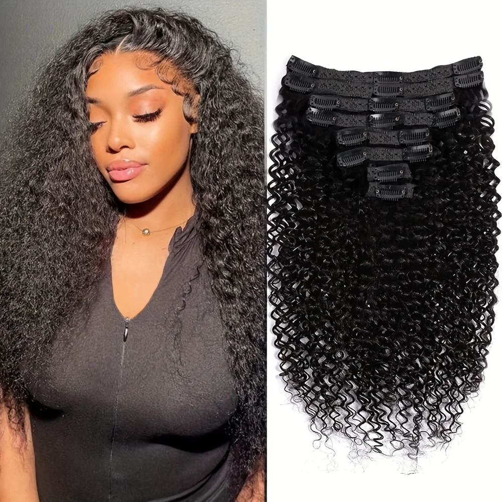 Kinky Curly Clip In Hair Extensions 100% Human Hair For Women Afro Clip Ins Bundles Natural Black In Hair Extensions 8 Pcs/Set