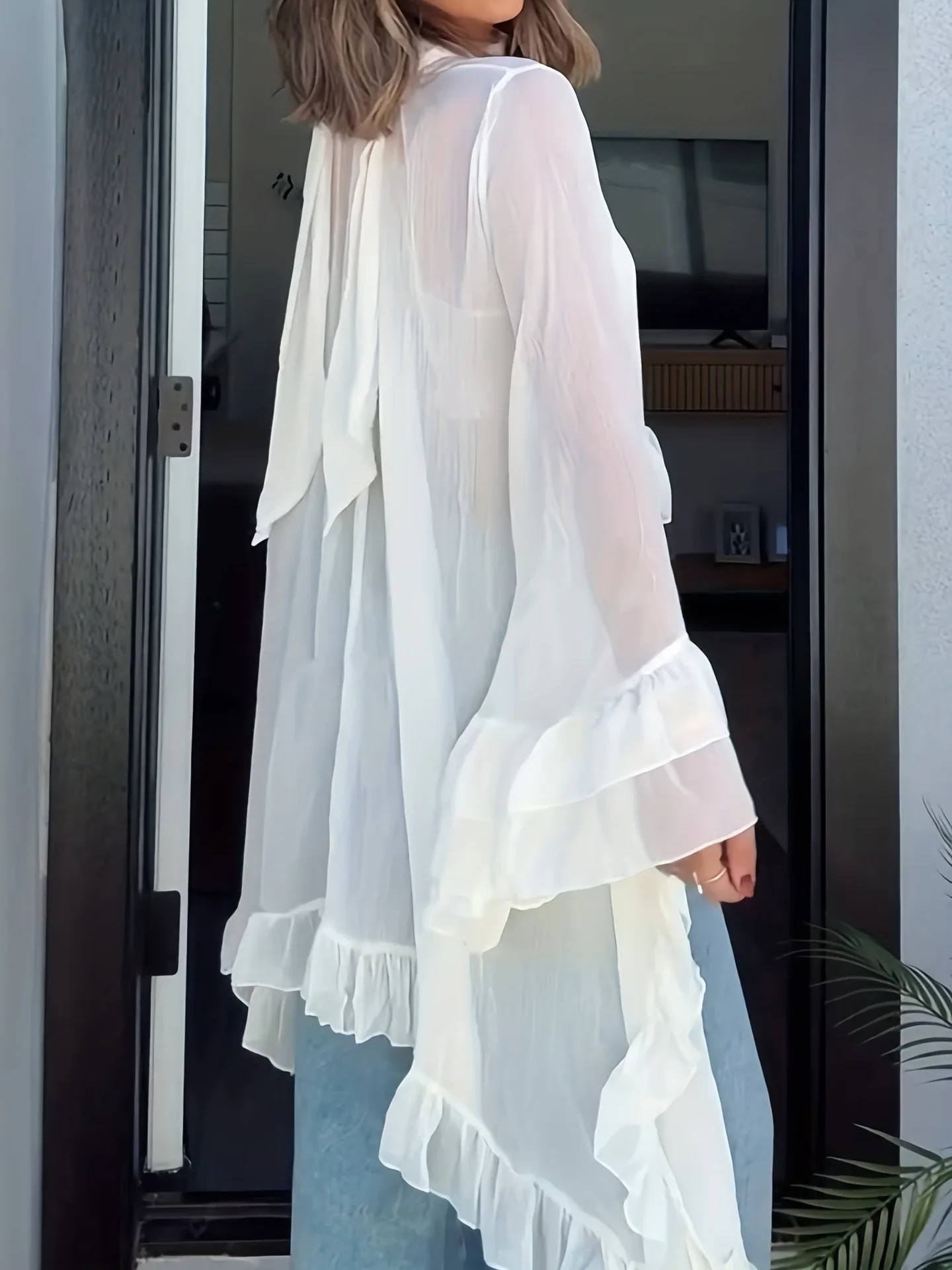 

Woman Blouse 2026 New Spring Autumn Hanging Neck Solid Color Sexy Perspective Ruffles Hem Long Sleeve Loose Casual Shirt Top