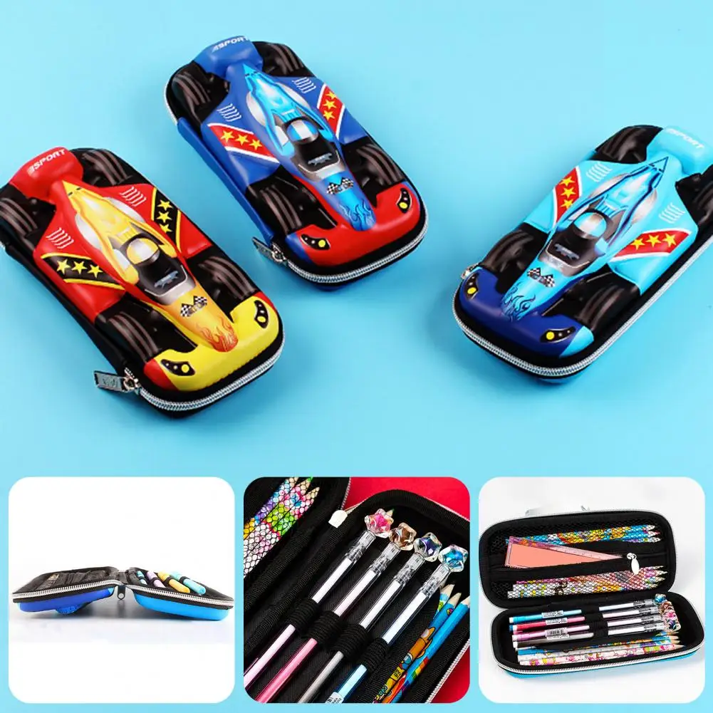Stationery Box 3D Racing Car Shape Large Capacity Zipper Closure Waterproof Smooth Surface Pencil Storage Bag Student Supplies
