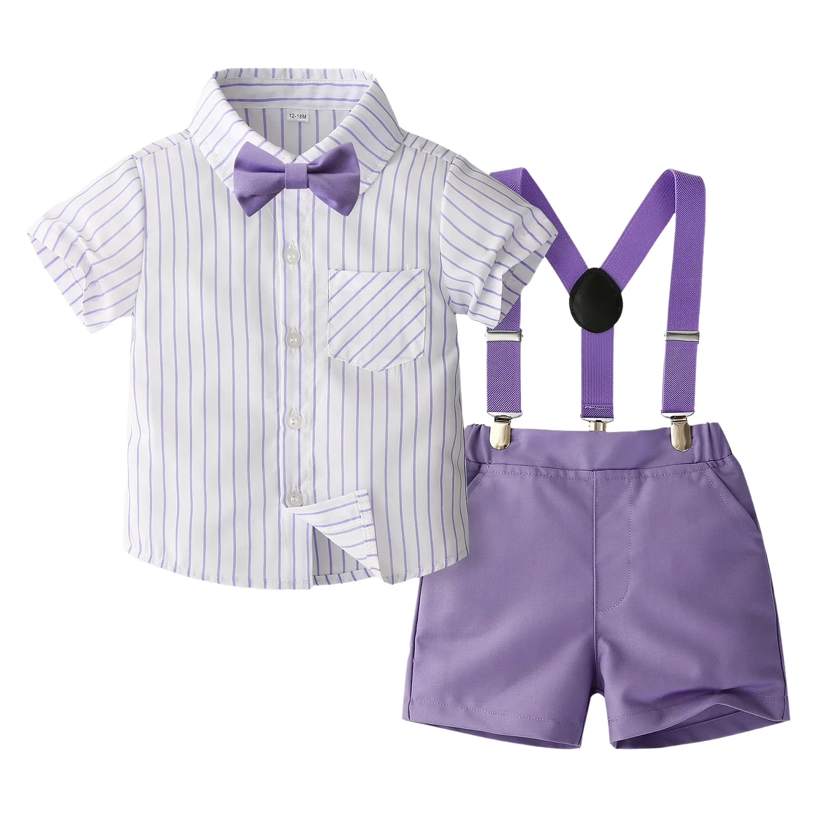 

3Pcs Toddler Baby Boy Gentleman Outfits Summer Formal Party Sets Striped Button Down Shirt with Bowtie and Suspender Shorts Suit