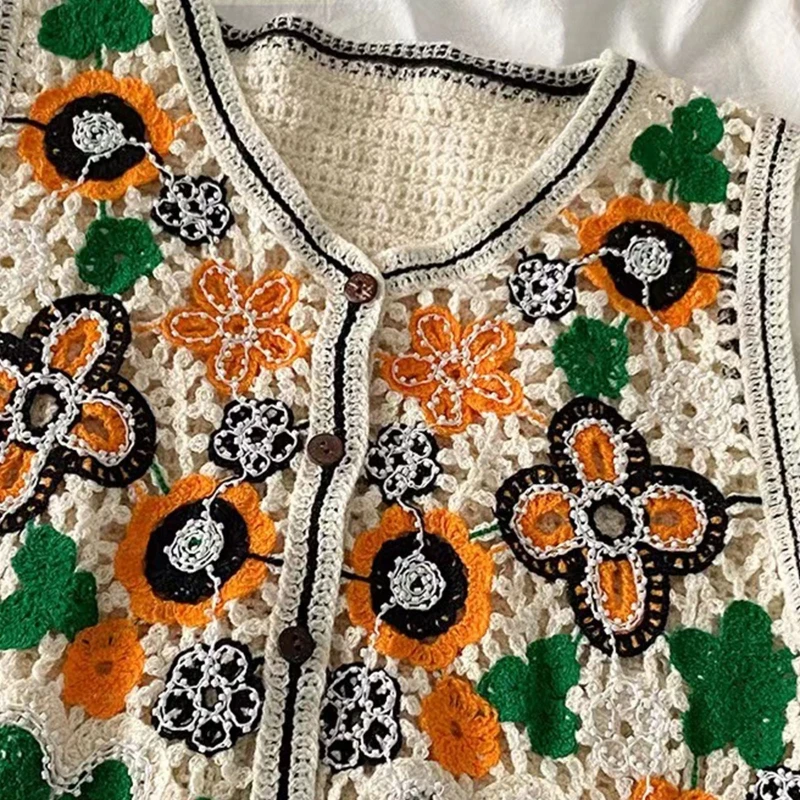 Women Vintage Hollow Crochet Knit Vest Waistcoat Ethnic Beaded Embroidery Colorful Floral Sleeveless Crop Cardigan for Jacket V-