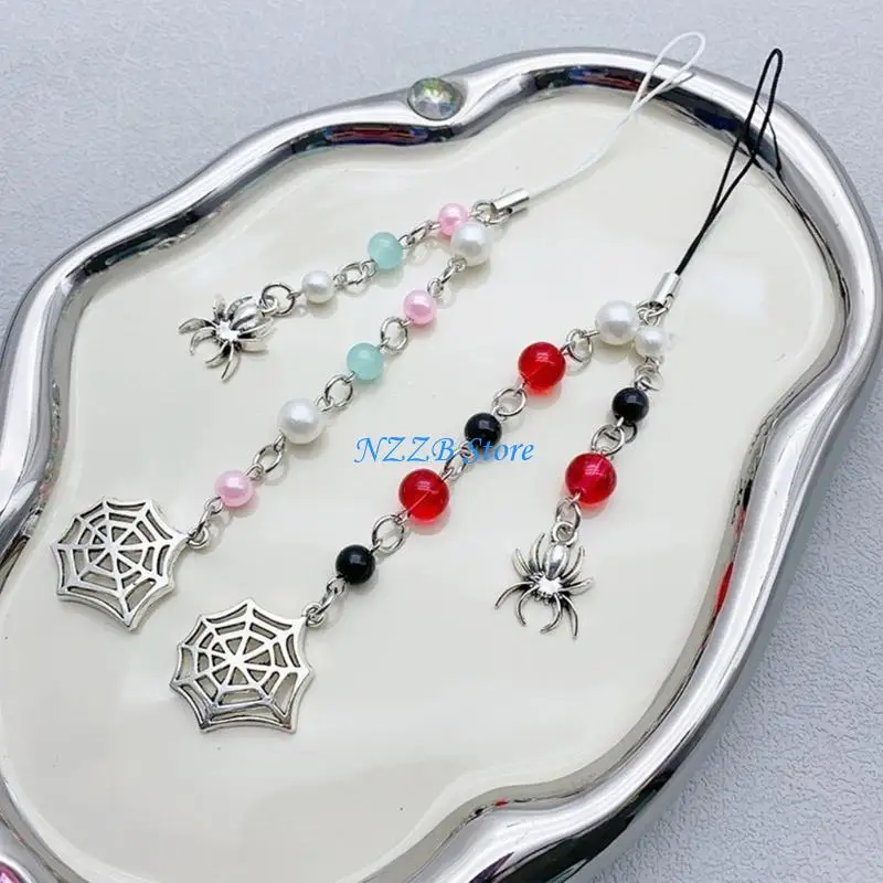 

T21F Gothic Keychain Halloween Spiderweb Beaded Phone Pendant Bag Charm Phone Chain Stylish Accessory for Fashion Enthusiasts