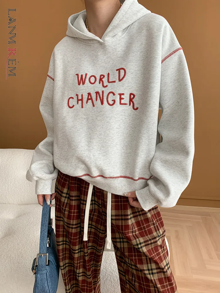 

[LANMREM] Embroidery Design Hooded Sweatshirt For Women Drawstring Long Sleeve Casual Loose Tops 2024 Autumn New 26D9972