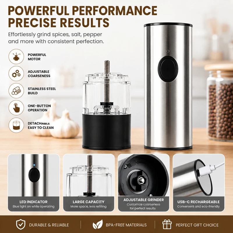 Electric Pepper Grinder Household Kitchen Black Pepper Sea Salt Rechargeable Pepper Electric Grinder Kitchen Cooking Tool