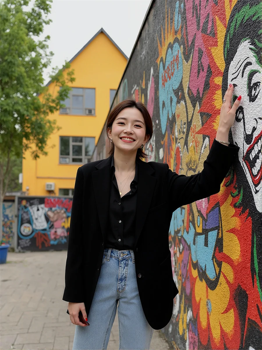 السترة النسائية معاطف أسود أبيض جيب انقسام نمط الطيات بساطتها الذهبي روبا أكتاف قوية برتقالية الوظيفي شبه شير