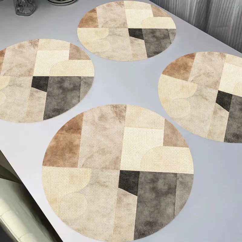 VIKAMA Retro Warm Yellow Sun Radiant Stone Pattern Round Linen Placemats, Heat Resistant for Table Decoration