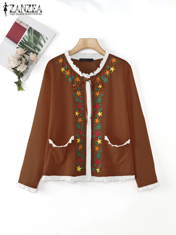 2025 Long Sleeve Pocket Tops ZANZEA Vintage Retro Print Cardigan Korean Fashion Ruffled Edge Outwear Holiday Casual Lace up Tops