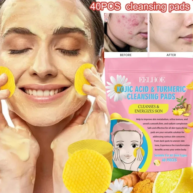 40-120pcs Turmeric Kojic Acid Cleansing Pads Exfoliating Pads Facial Sponges For Cleansing Exfoliating Daily Cleansing Skin Care