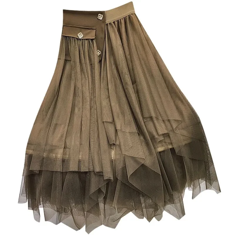 

Spring Summer Mid-Long Skirt Women 2023 New Fashion Mesh Stitching Pleated Skirt Pure Colour High-Waisted A Word Skirt Female