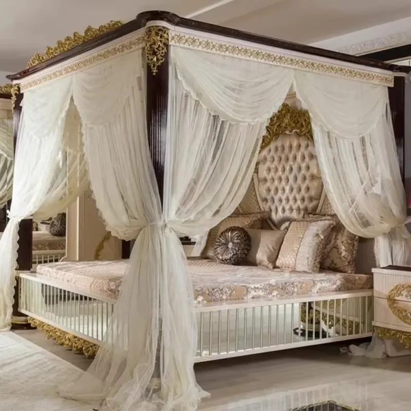 Italian French Style Solid Wood Carved Large Double Bed European Villa Master Bedroom Set Princess Bed Enhancing