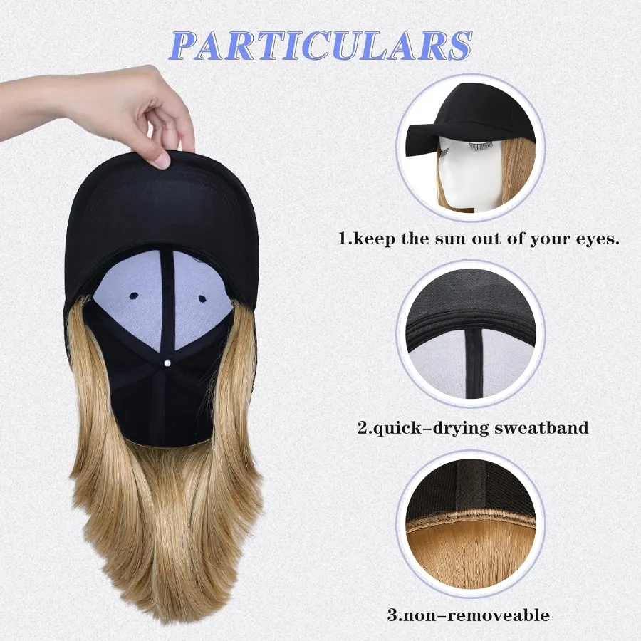 باروكات قبعة بيسبول قصيرة مستقيمة للنساء مع وصلات شعر مرفقة وقبعة قابلة للتعديل للارتداء اليومي وP