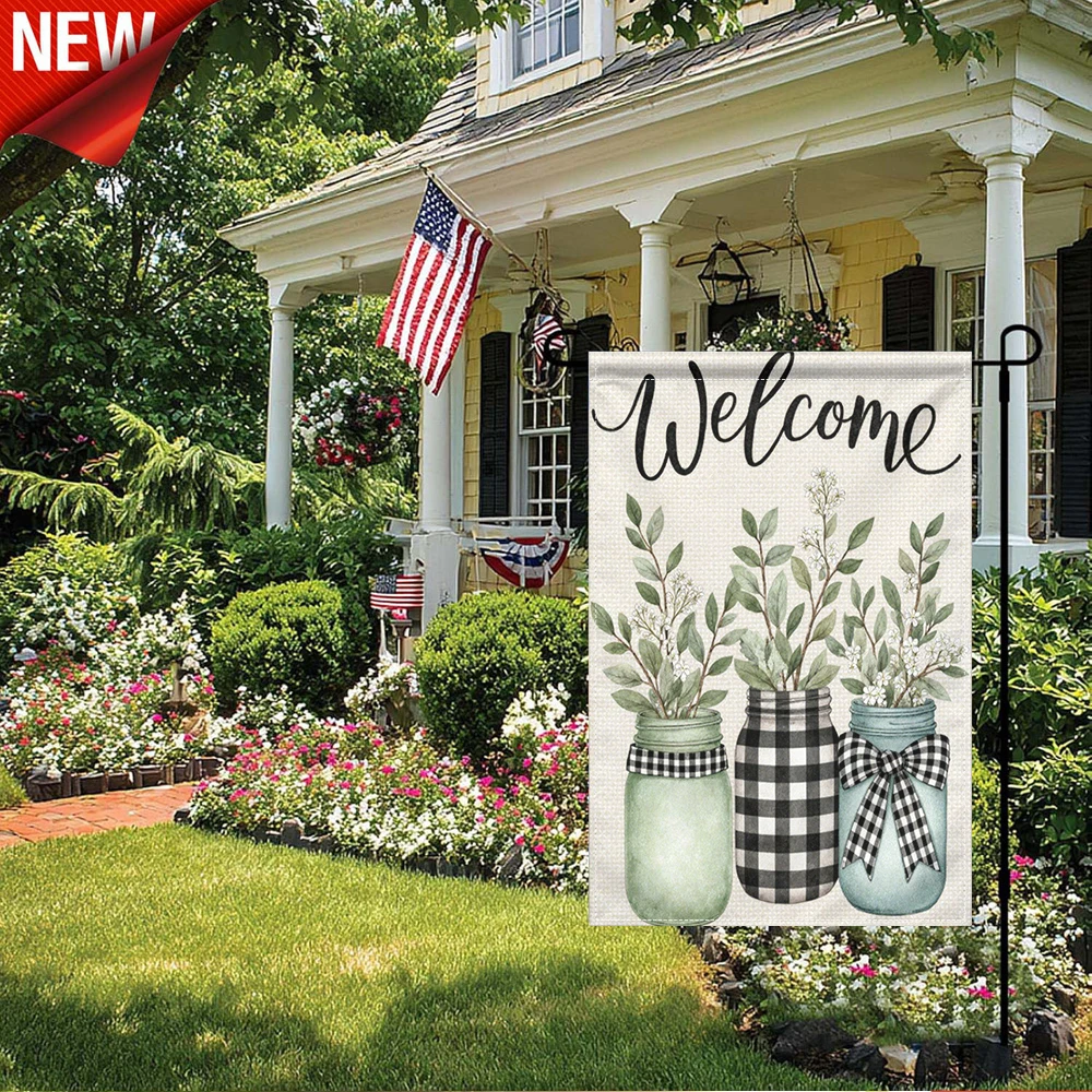

1PC, Welcome Plaid Mason Jar Eucalyptus Floral Garden Flag Rustic Farmhouse Outdoor Yard Decor Banner