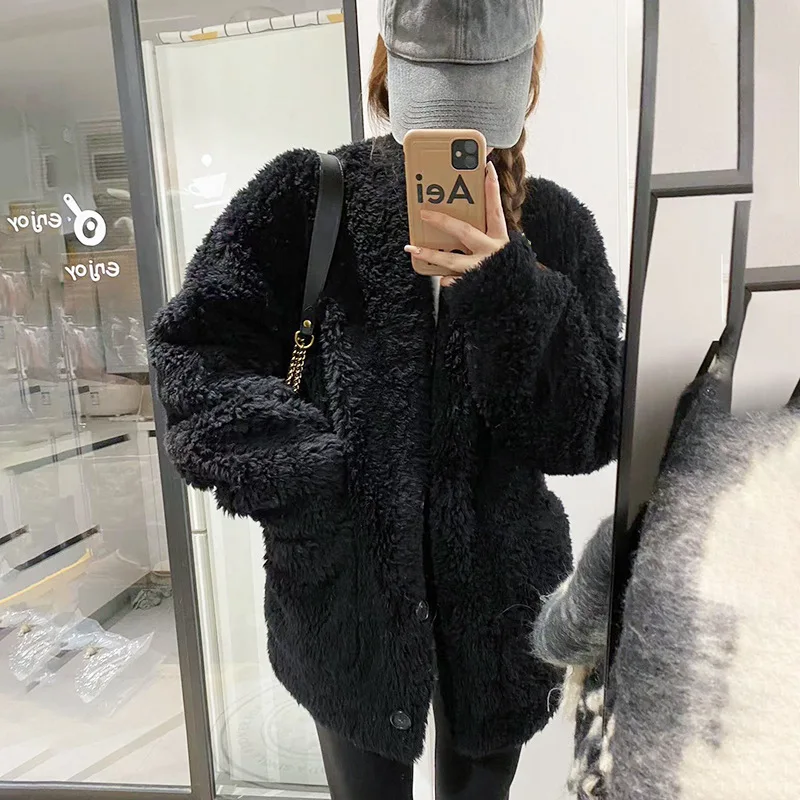 Faux Fur Decor Coats Womens Streerwear Long Winter Elderly Kawaii Chunky Furry High Waisted V Neck Hem Outerwear Slit Distressed