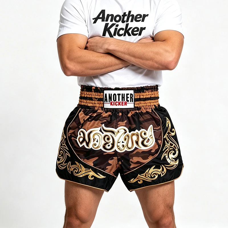 Camouflage Muay Thai Shorts for Men Women Kids Embroidered Satin Kickboxing Fight Shorts Boxing Shorts for MMA Sparring Training