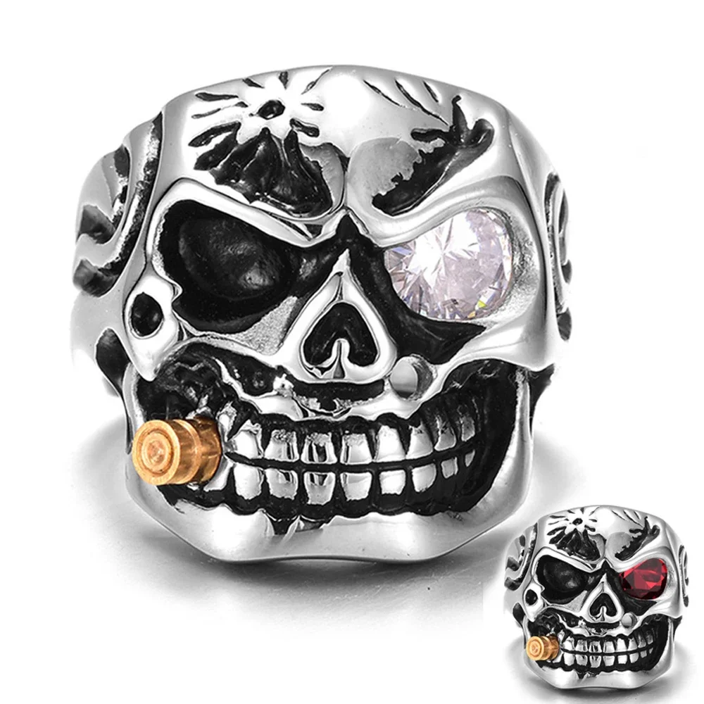 7/8/9/10/11/12/13/14 White Eye Skull Head Stainless Steel Men Ring Tobacco Pipe Male Finger Jewelry Wholesale Drop Shipping