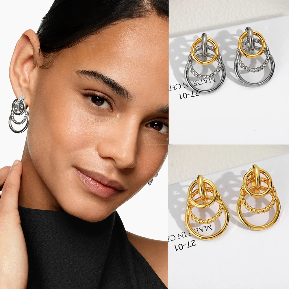 Mehrschichtige Gedrehte Ohrhänger aus Edelstahl, Kreisförmige Metallgewebe-Anhänger-Ohrringe für Damen, Modischer Statement-Schmuck