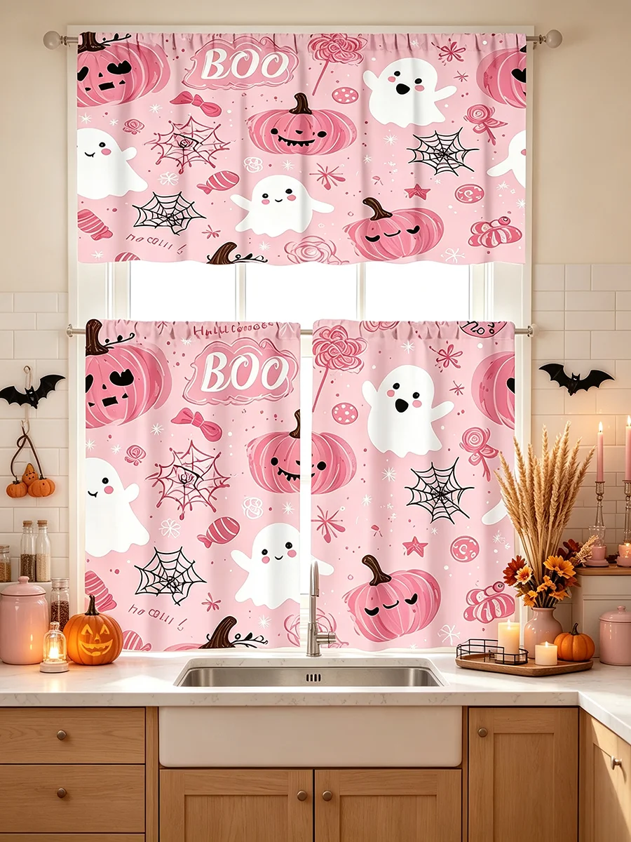 Kitchen Curtain Set, Pink Ghost Pumpkin Halloween Print, Polyester Window Drapes for Kitchen Cafe Farmhouse Holiday Decor