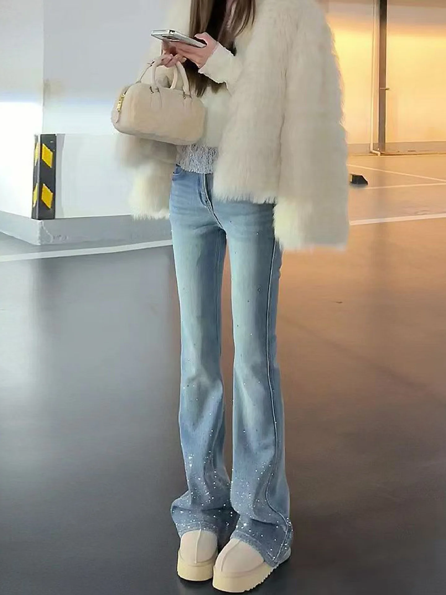 Fashionable High Waist Slimming Denim Jeans Women's Micro Flared Washed Blue Bell Bottoms Diamond Studded Retro Style