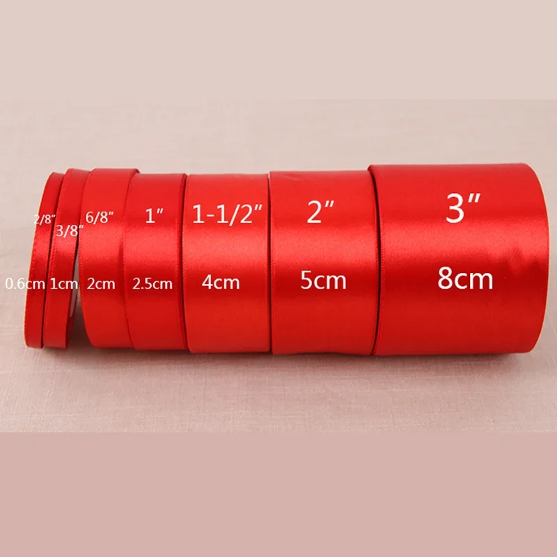 (25 Yards/roll) 6/10/15/20/25/40/50mm Red Color Single Face Satin Ribbon DIY Gift Wrapping Christmas Ribbons