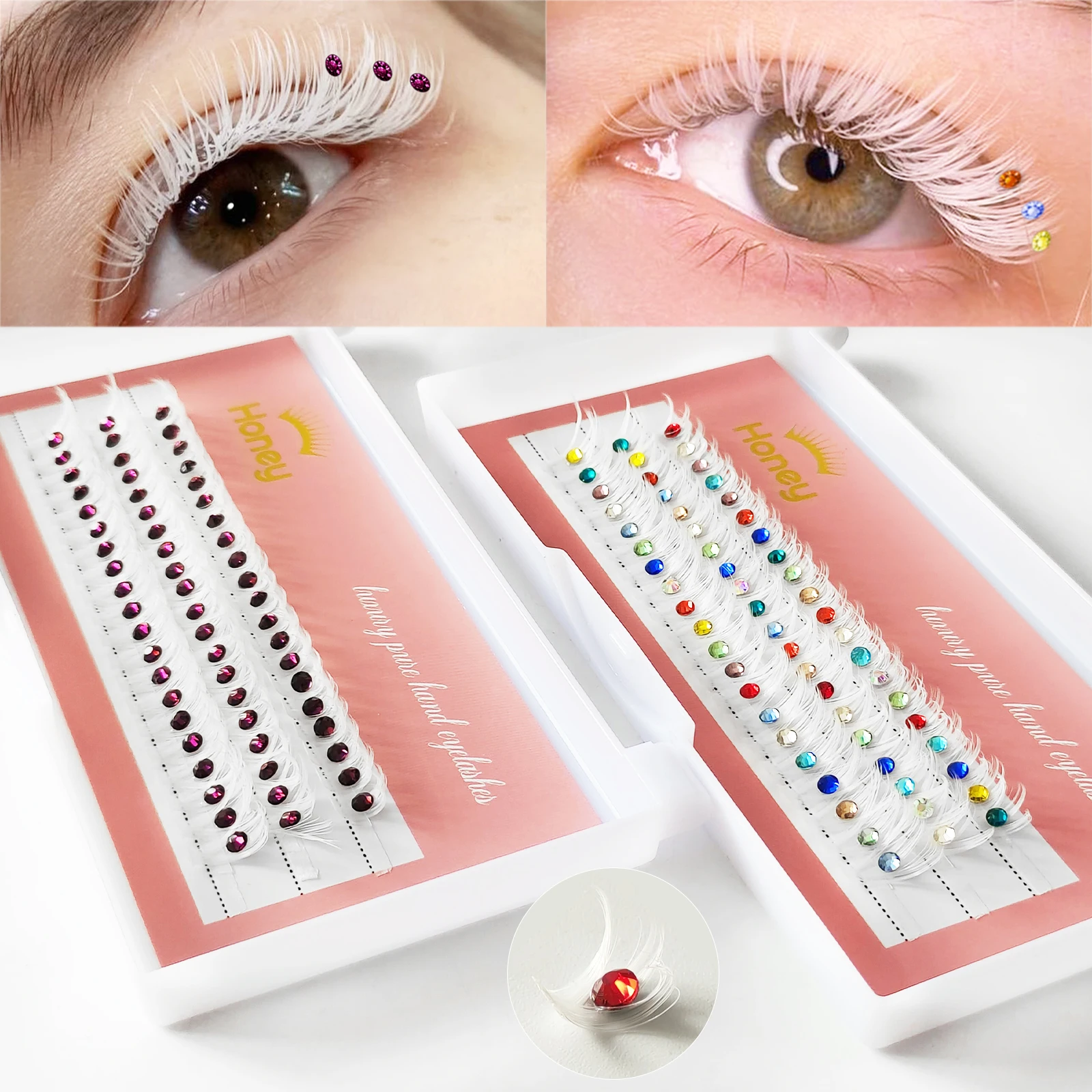 Honigwimpern, 60 Fächer, weiße Wimpernborsten mit lila Diamanten, farbige Diamant-Falsche Wimpern, Party-Ball, dekorative Wimpern